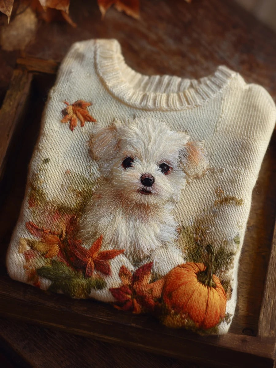 Cute Dog Art Print Knit Pullover Sweater