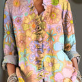 Women's Abstract Colorful Beautiful Floral Painting Art Print Casual Cotton And Linen Ruffle Shirt