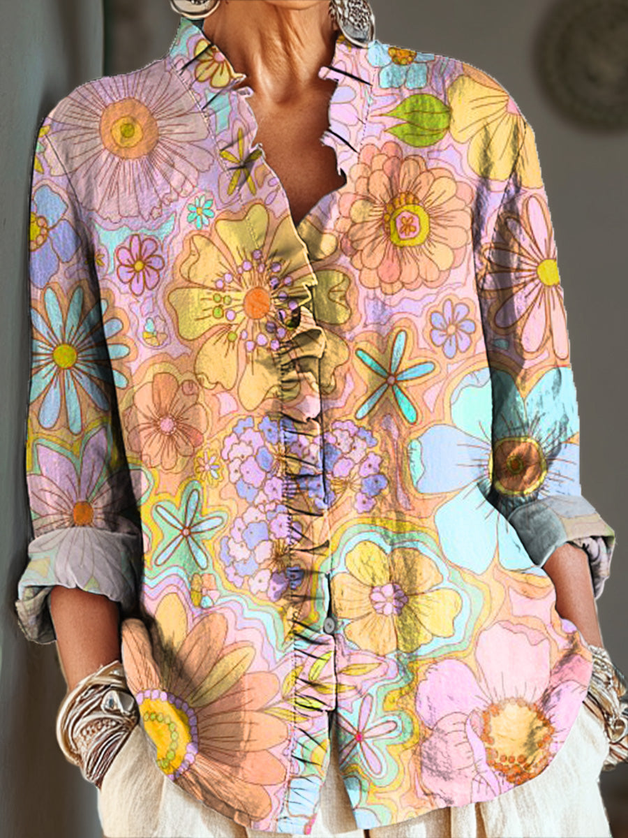 Women's Abstract Colorful Beautiful Floral Painting Art Print Casual Cotton And Linen Ruffle Shirt