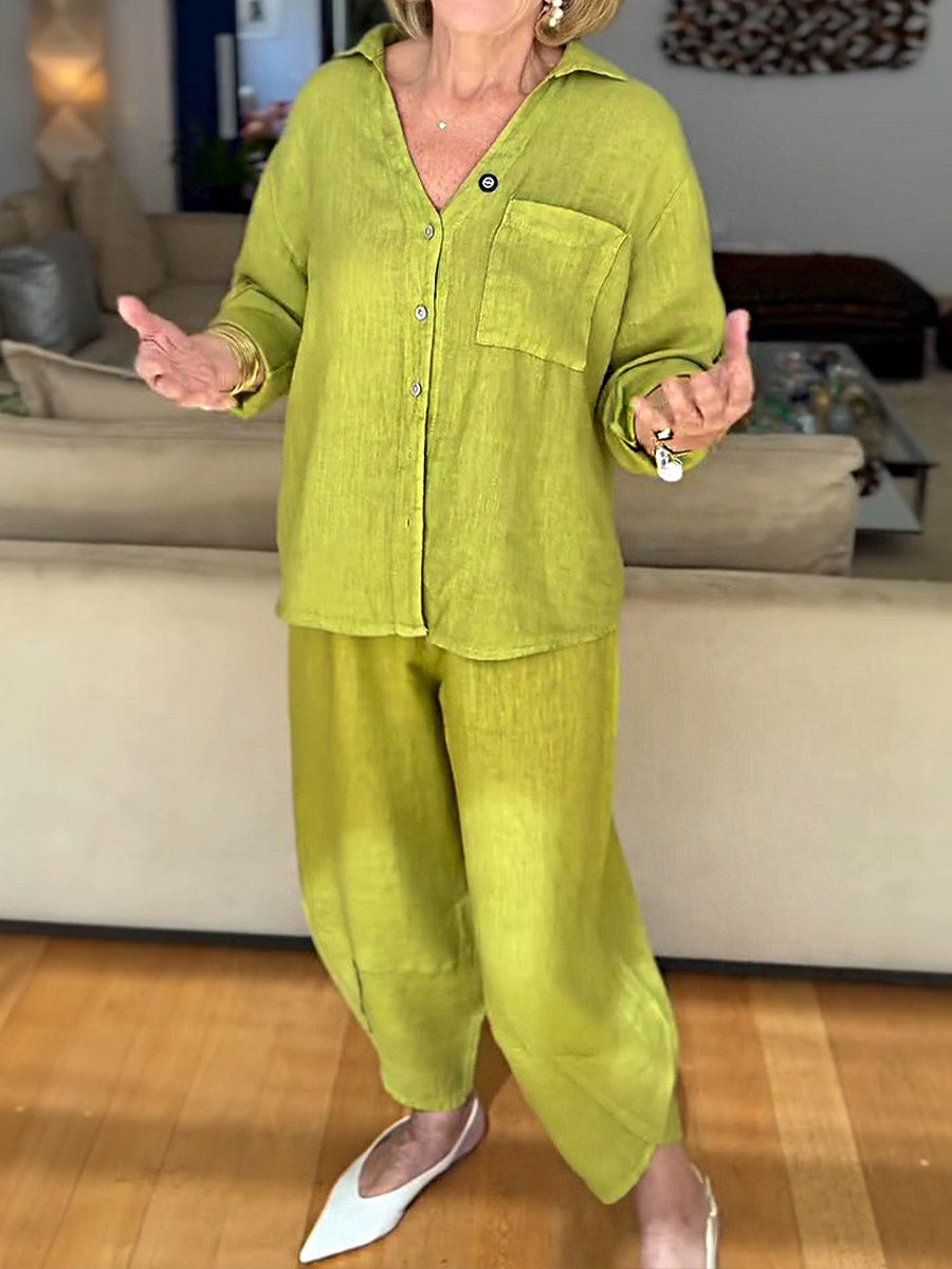 Women's Solid Color V-Neck Long Sleeve Casual Cotton and Linen Shirt with Elastic Waist Casual Cotton and Linen Cropped Pants Set