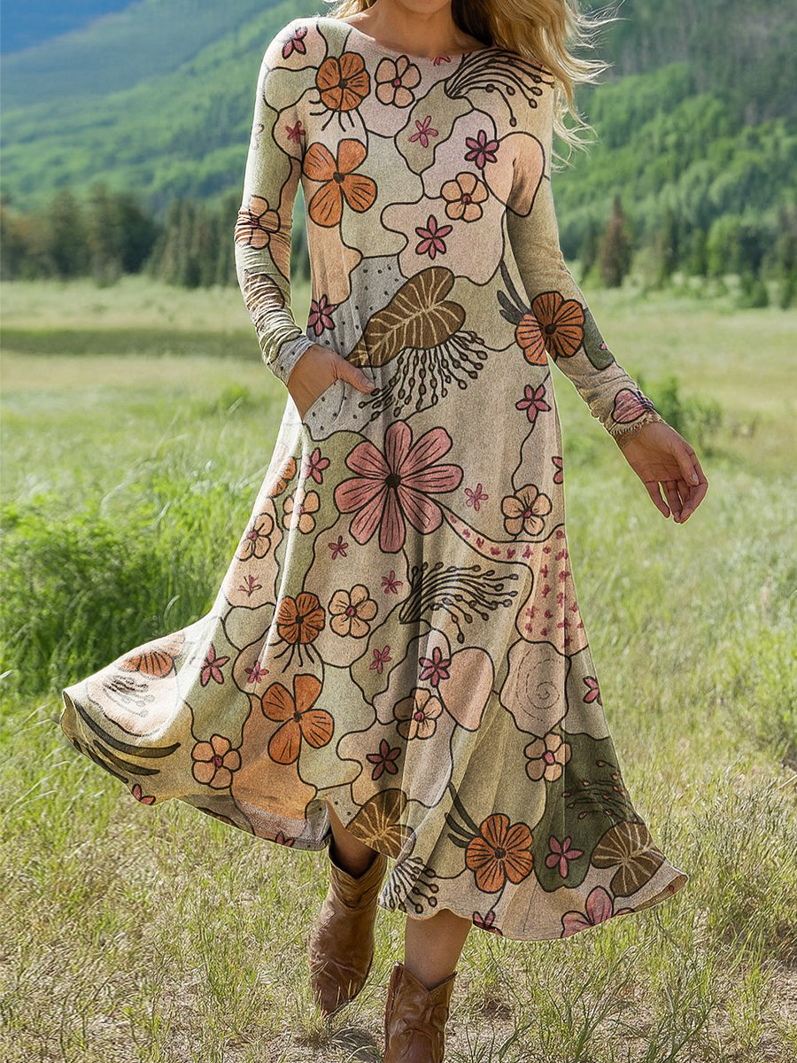 Women's Abstract Floral Art Print Long-sleeved Dress