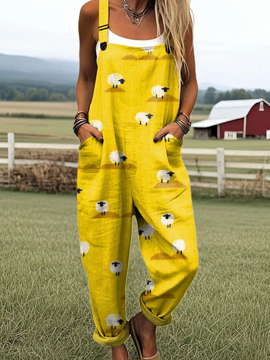 Women's Cute Lamb Pattern Art Print Casual 100% Cotton Wide Leg Jumpsuit