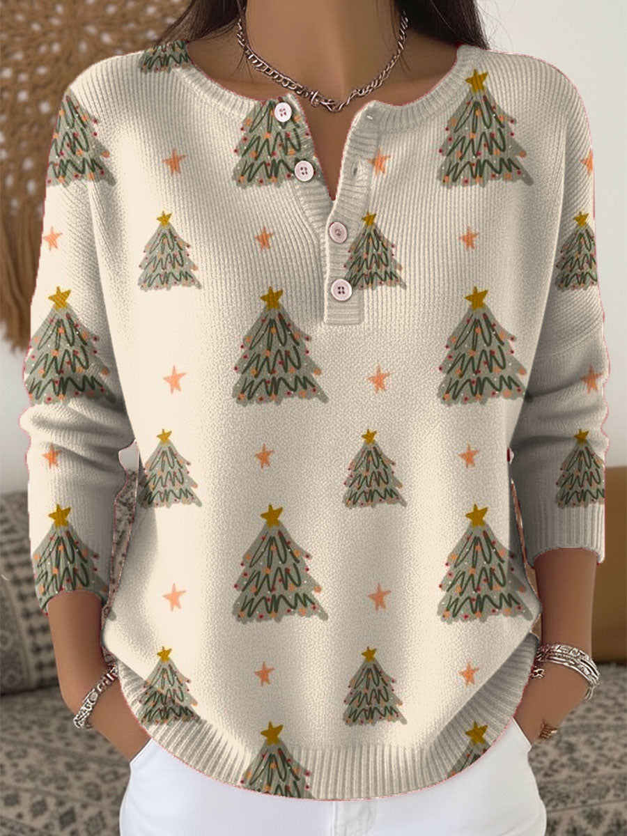 Women's Christmas Tree Art Print Buttoned Cardigan Sweater