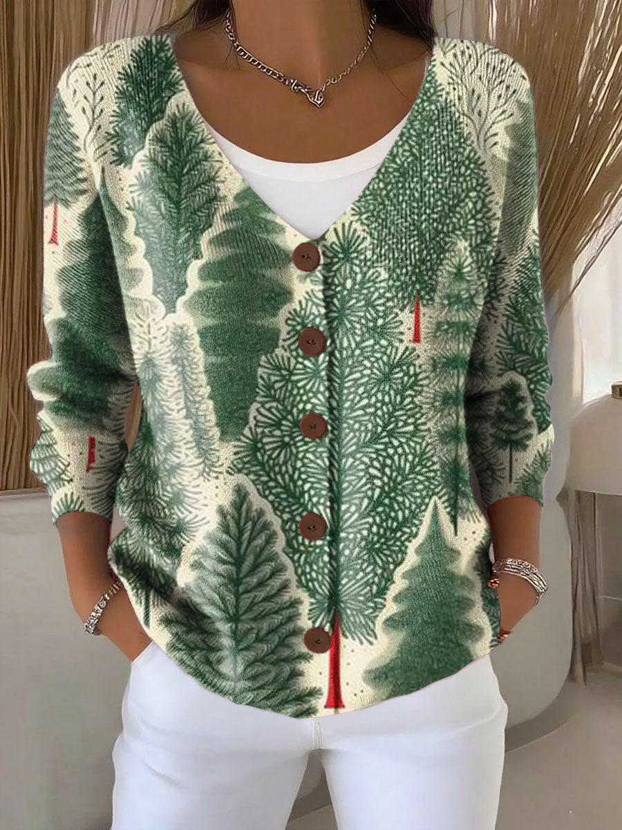 Christmas Tree Print Buttoned V-neck Cardigan Sweater