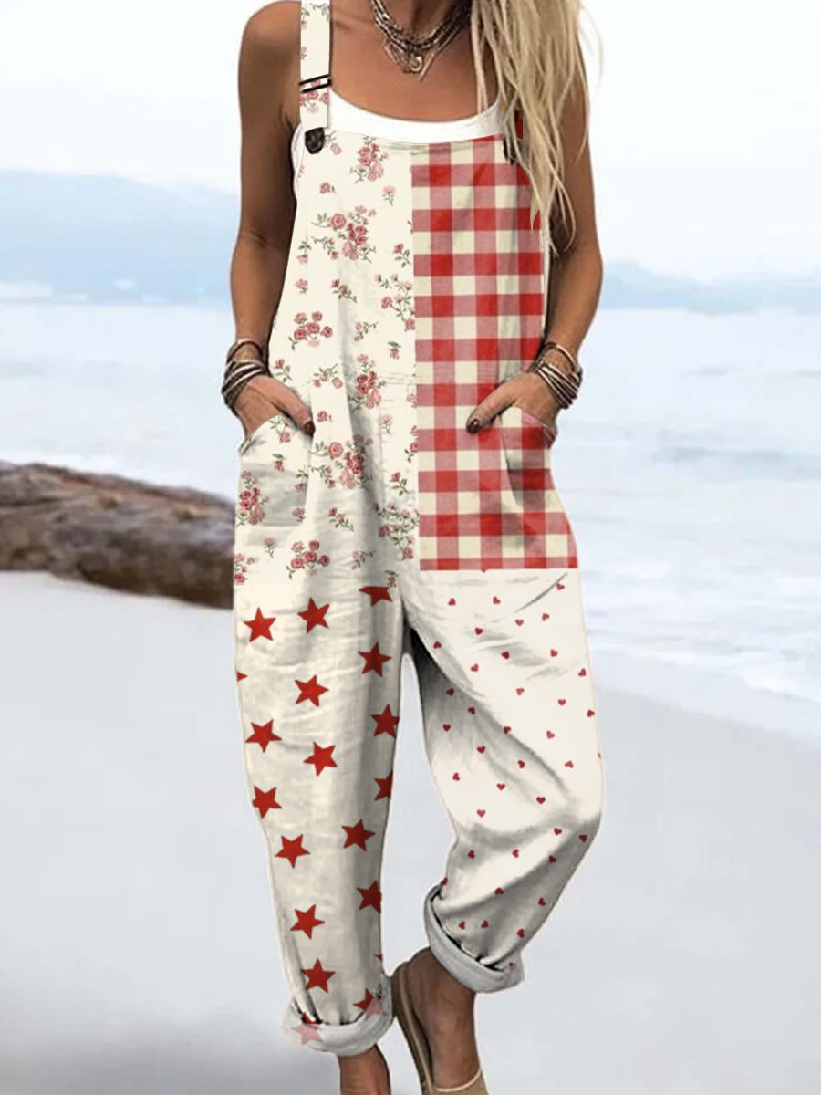 Women's Vintage Art Quilt Floral Pattern Print Casual 100% Cotton Wide Leg Jumpsuit