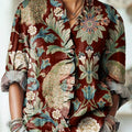 Women's Vintage Ethnic Floral Peacock Pattern Art Print Casual Cotton And Linen Ruffle Shirt
