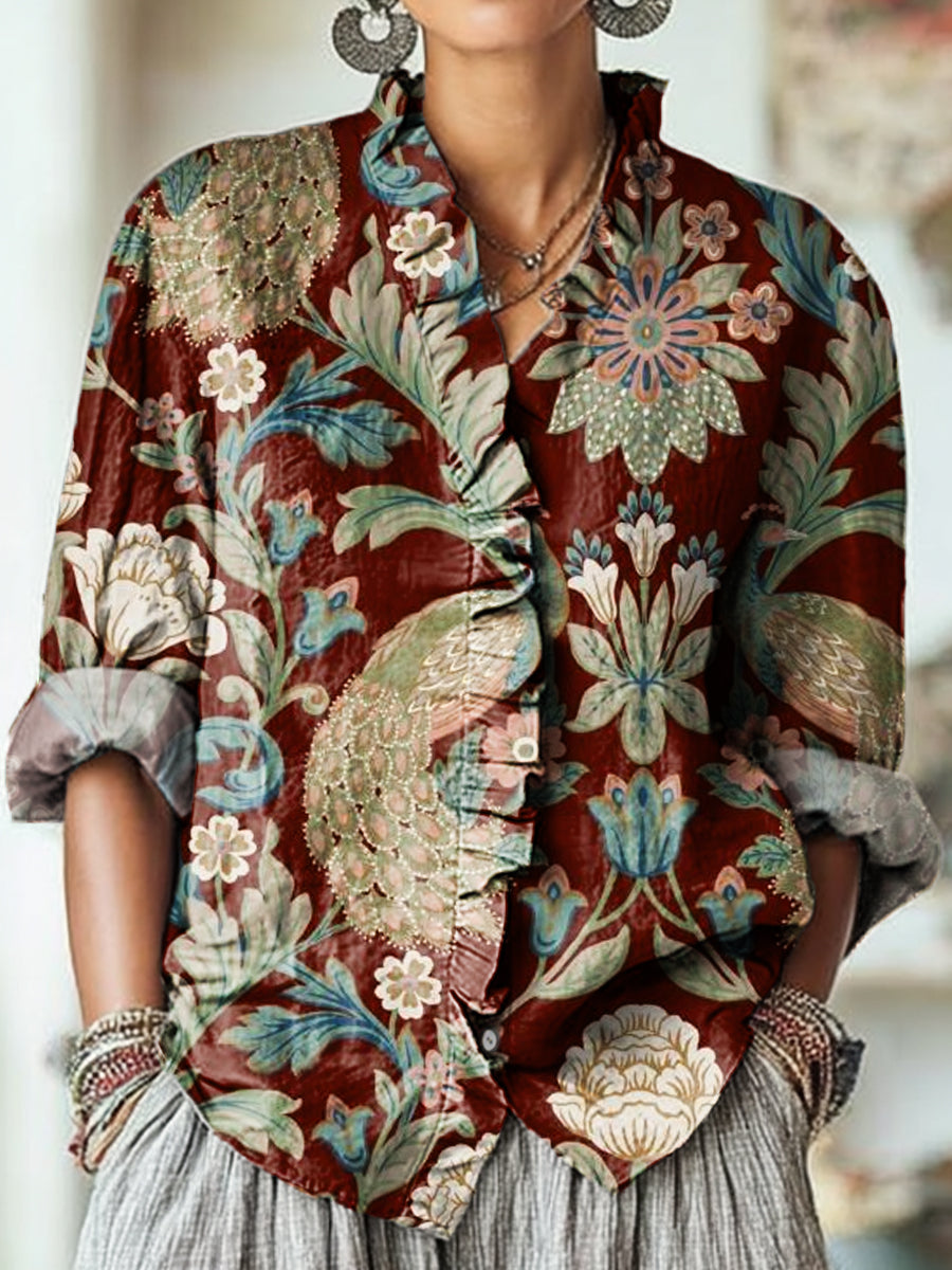 Women's Vintage Ethnic Floral Peacock Pattern Art Print Casual Cotton And Linen Ruffle Shirt