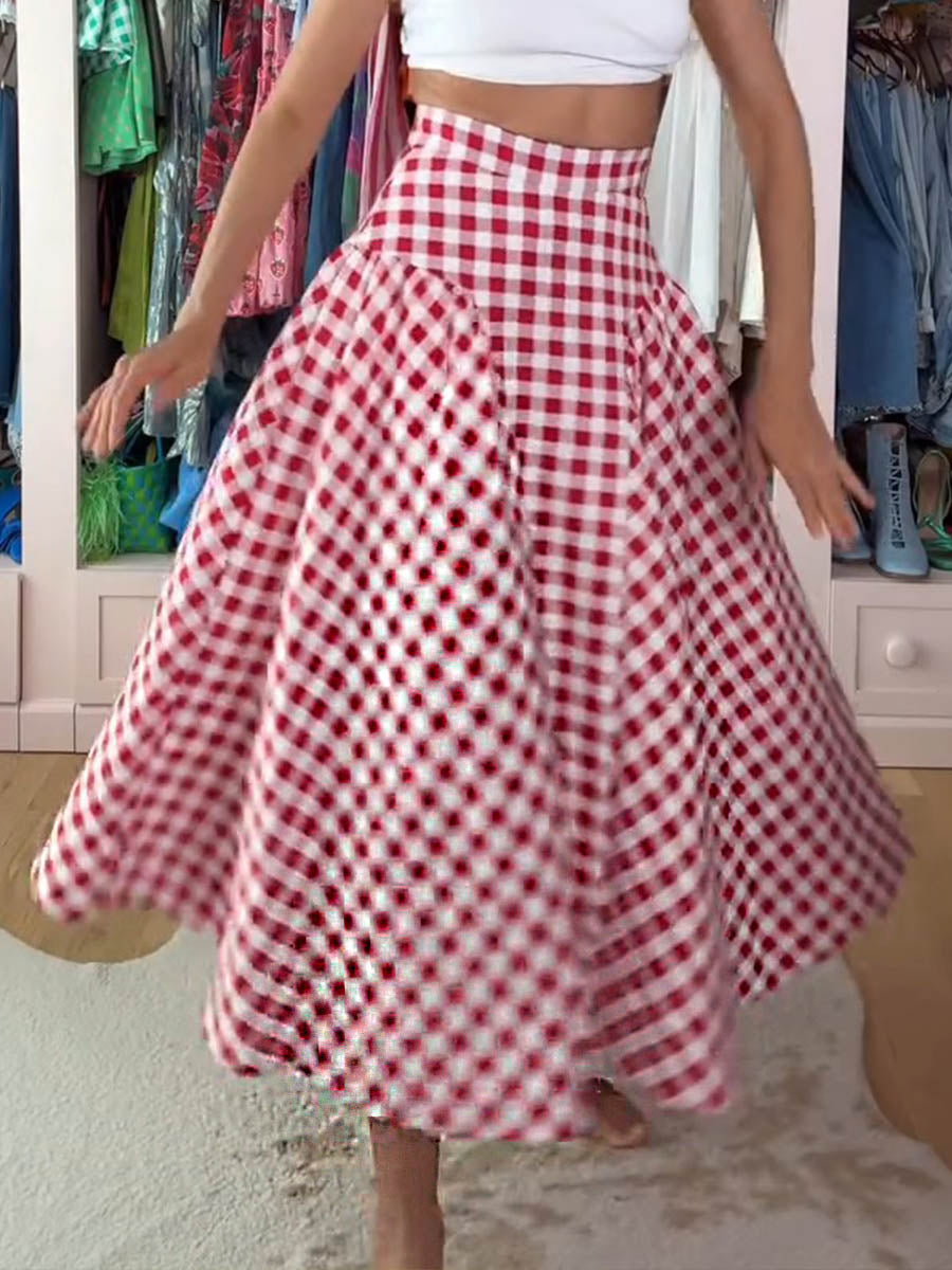 Women's High Waist Check Print Casual Linen Skirt