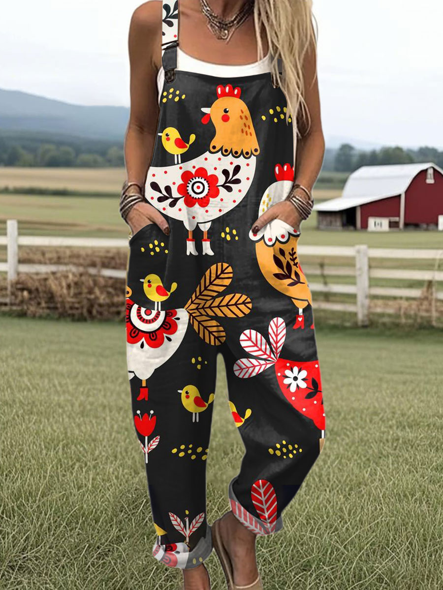 Women's  Funny Rooster Art Print Casual 100% Cotton Wide Leg Jumpsuit