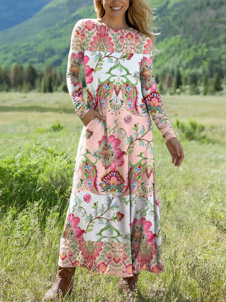 Women's Ethnic Colorful Paisley Floral Art Print Long-sleeved V-neck Dress
