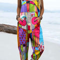 Women's Bright Abstract Funny Art Print Casual 100% Cotton Wide Leg Jumpsuit