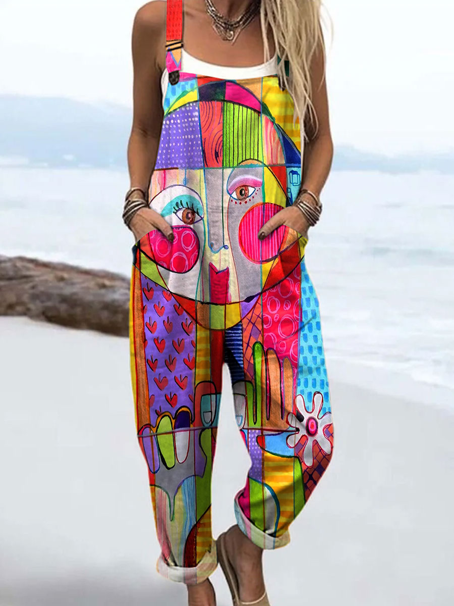 Women's Bright Abstract Funny Art Print Casual 100% Cotton Wide Leg Jumpsuit