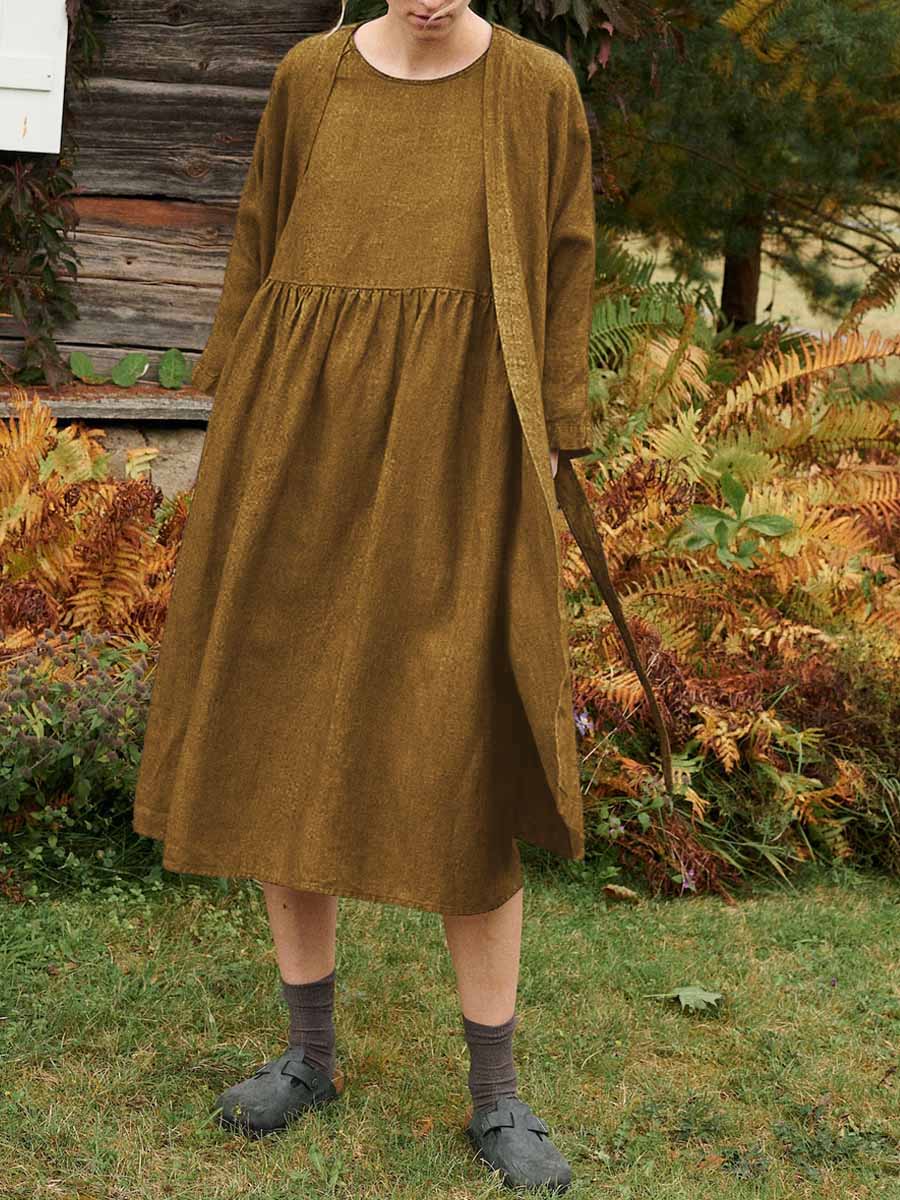 Women's Solid Color Casual Cotton Cardigan Vest Dress Two-Piece Set