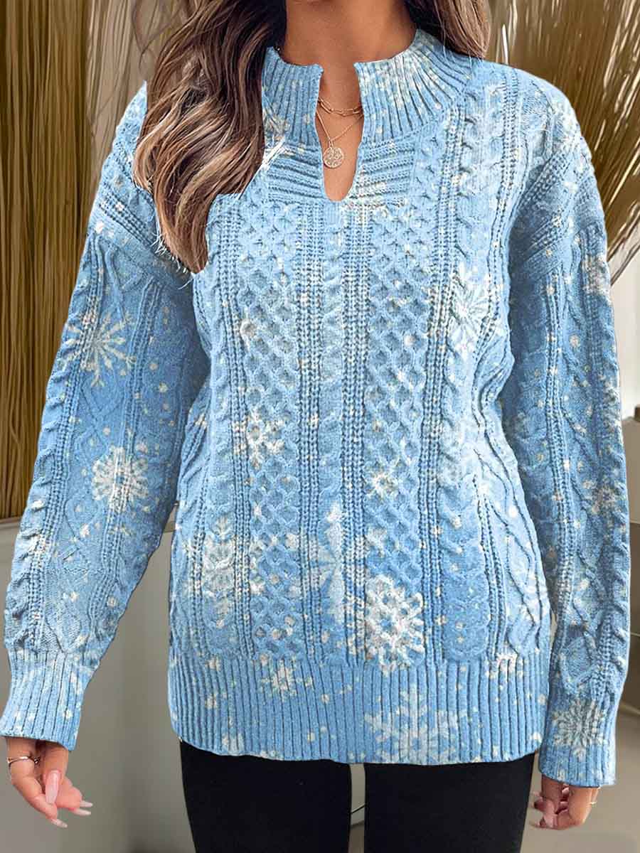 Women's Christmas Print V-Neck Long Sleeve Knitted Pullover Sweater