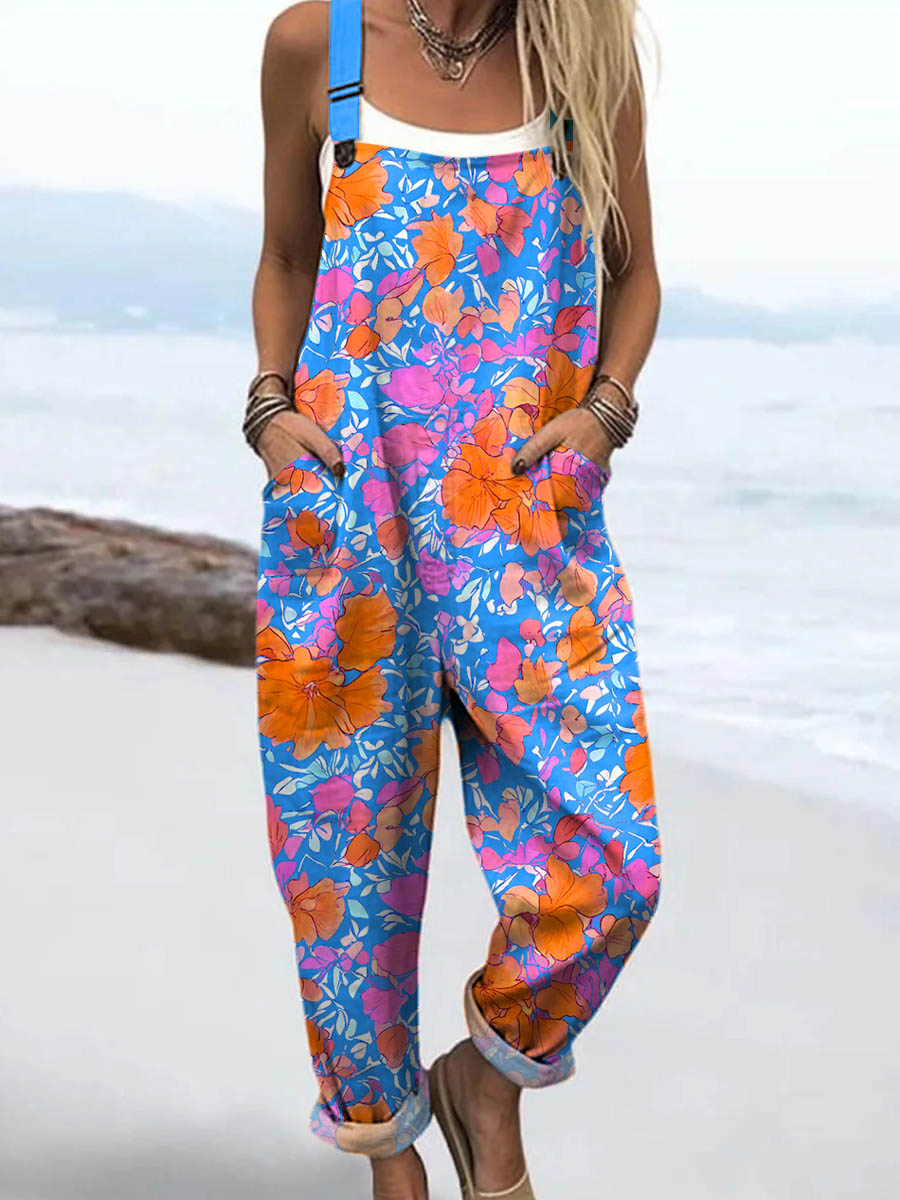 Women's Vintage Floral Pattern Art Print Casual 100% Cotton Wide Leg Jumpsuit