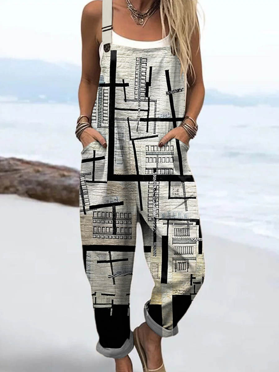 Women's Abstract Geometric Pattern Art Print Casual 100% Cotton Wide Leg Jumpsuit
