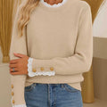 Women's Solid Color Round Neck Long Sleeve Lace Stitching Casual Loose Knit Top