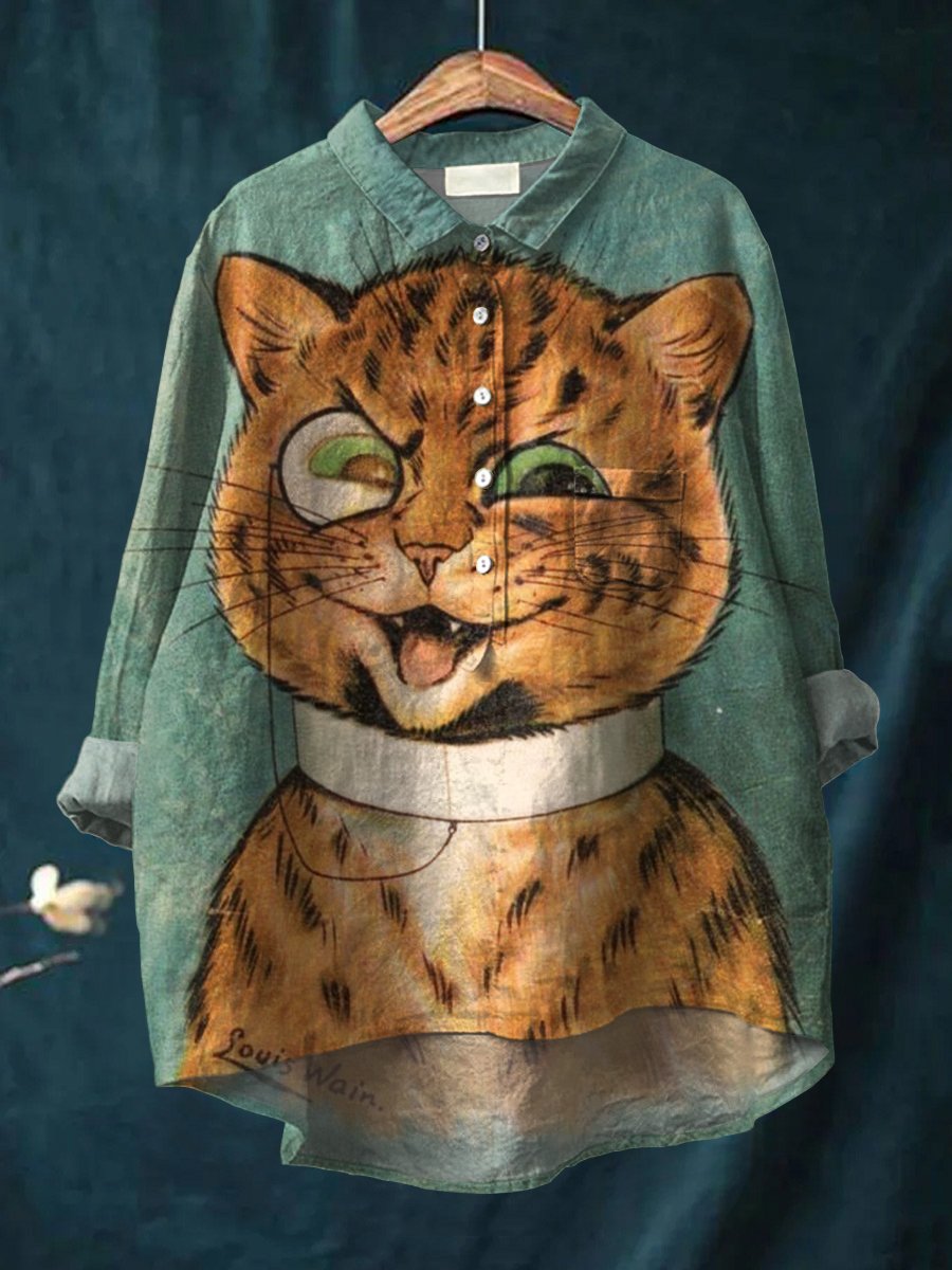 Women's Cat Art Print Casual Cotton And Linen Shirt