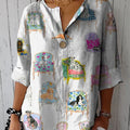 Women's Vintage Lovely Dogs Art Print Casual Cotton Linen Shirt