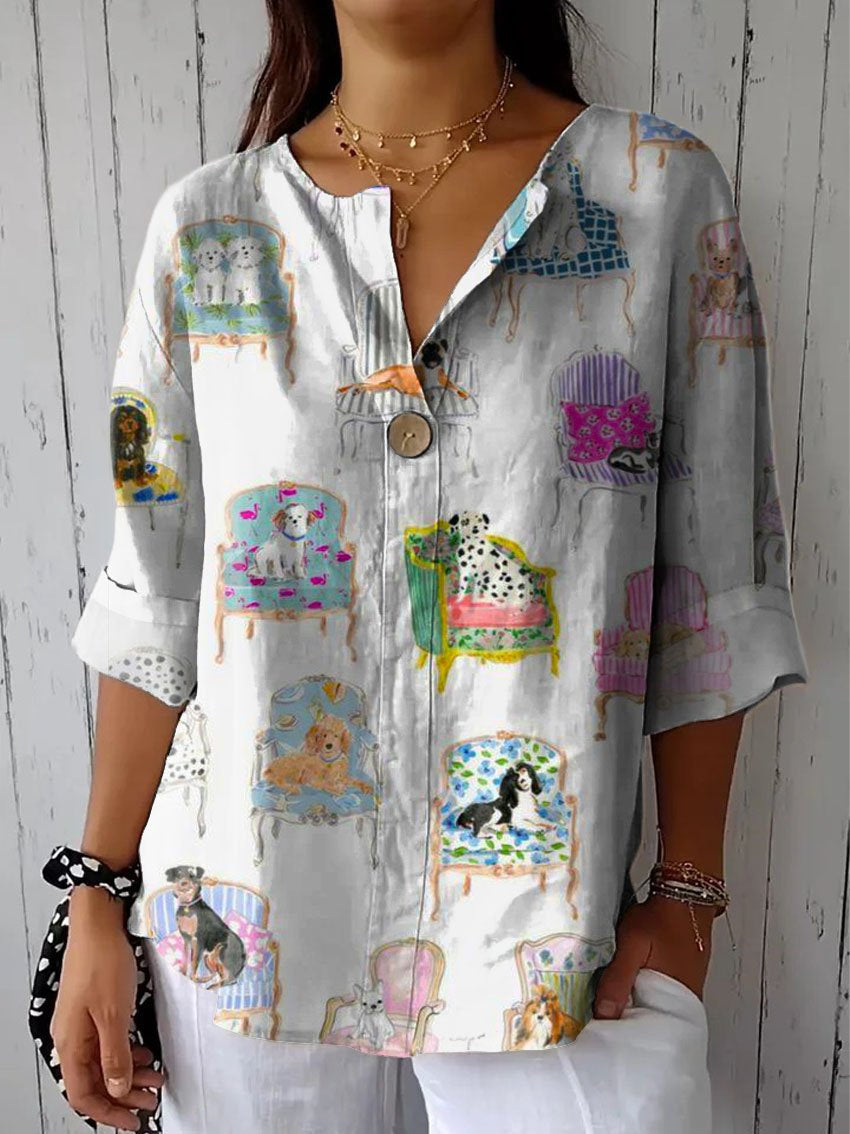 Women's Vintage Lovely Dogs Art Print Casual Cotton Linen Shirt