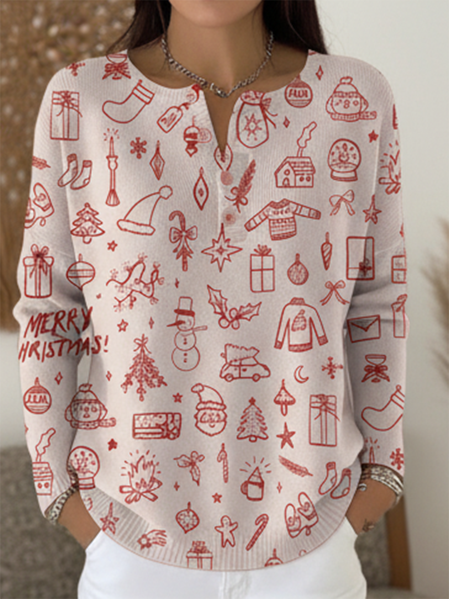 Women's Snowman Cute Print Henley Neck Sweater Top