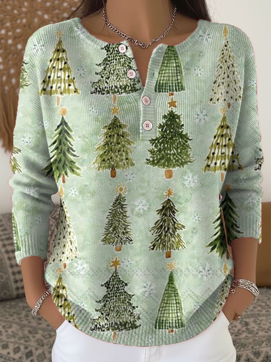 Cute Winter Christmas Tree Drawing Art Print Buttoned Cardigan Sweater