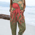 Women's   Vintage Octopus Art Print Casual 100% Cotton Wide Leg Jumpsuit