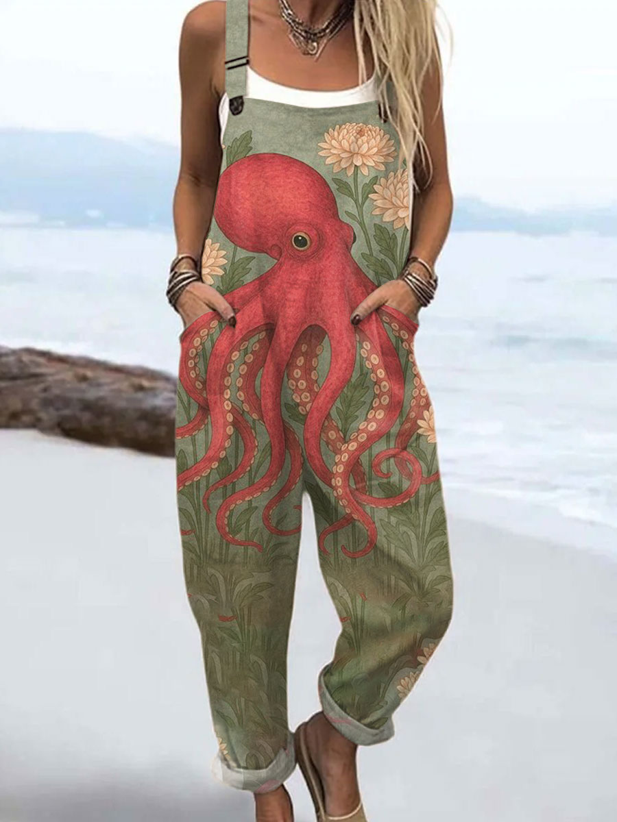 Women's   Vintage Octopus Art Print Casual 100% Cotton Wide Leg Jumpsuit
