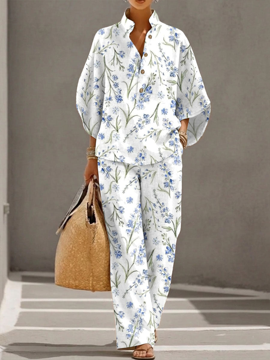 Women's Floral Print Casual Cotton-linen Two-piece Set