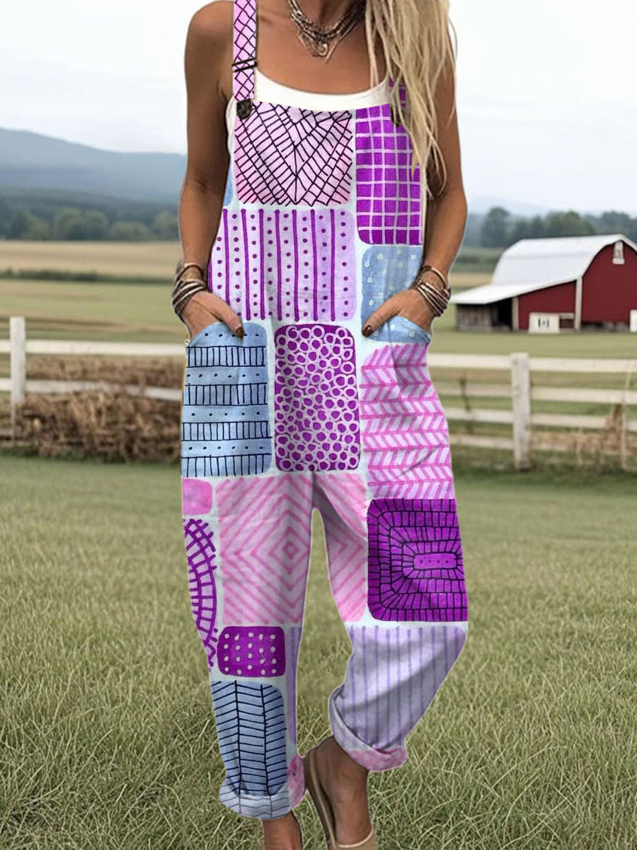 Women's  Vintage Abstract Geometric Art Print Casual 100% Cotton Wide Leg Jumpsuit