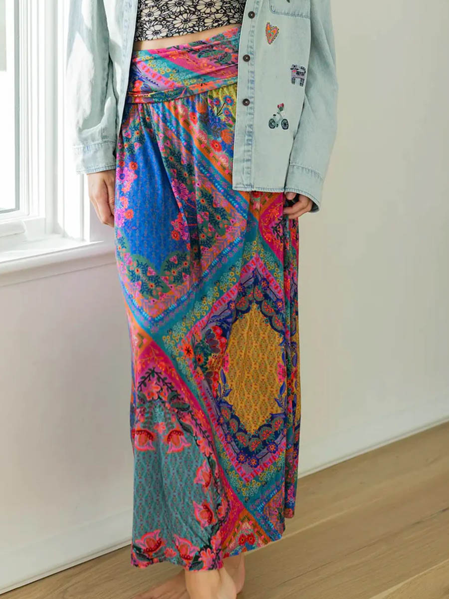 Women's Geometric Retro Print Elastic Waist Casual Cotton and Linen Skirt Strapless Dress Two-Way Dress