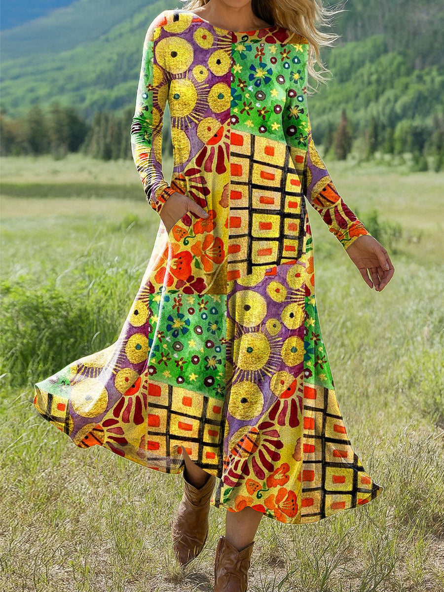 Women's Abstract Colorful Geometric Painting Art Print Long-sleeved Dress
