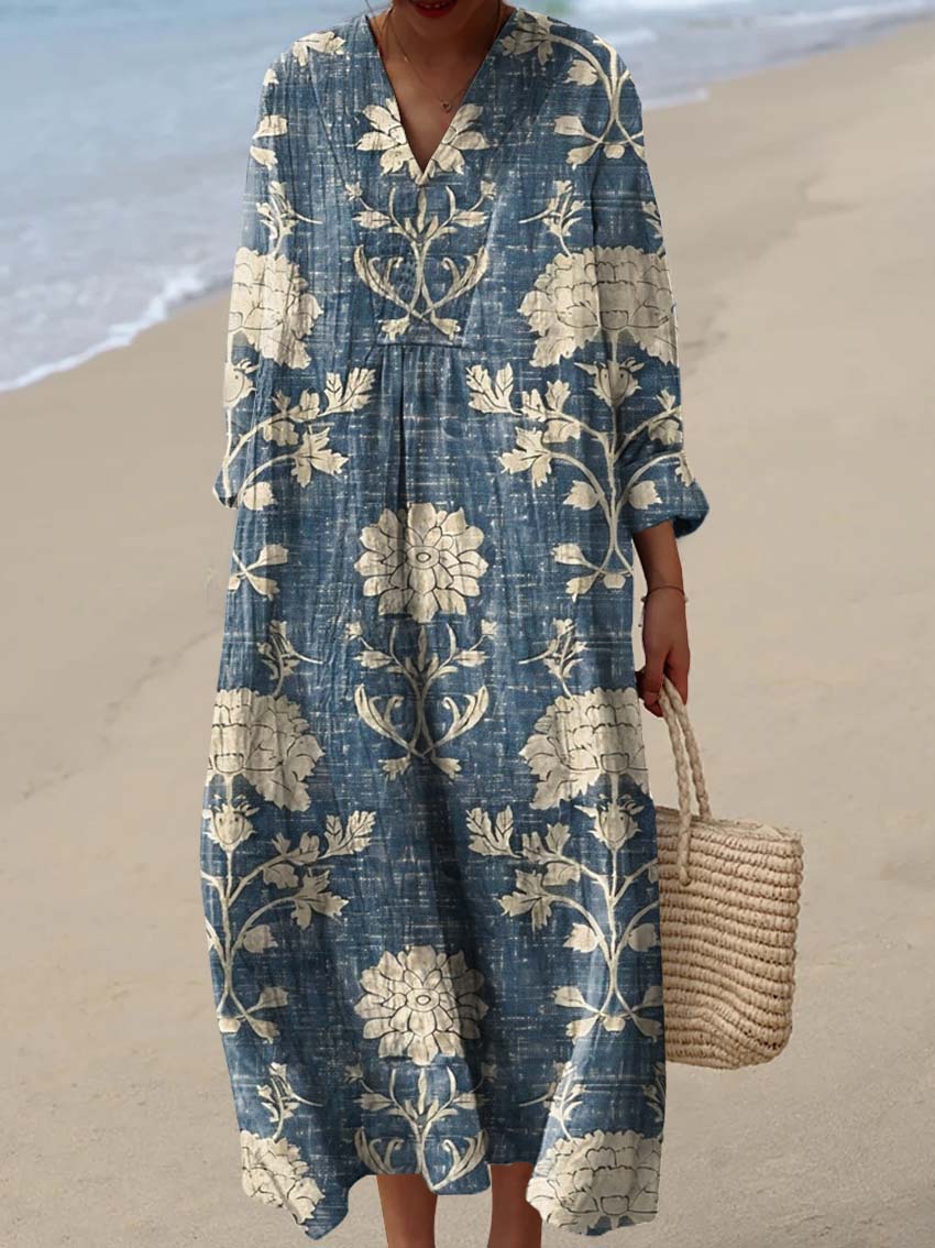 Women's Vintage Ethnic Floral Art Print Cotton Dress