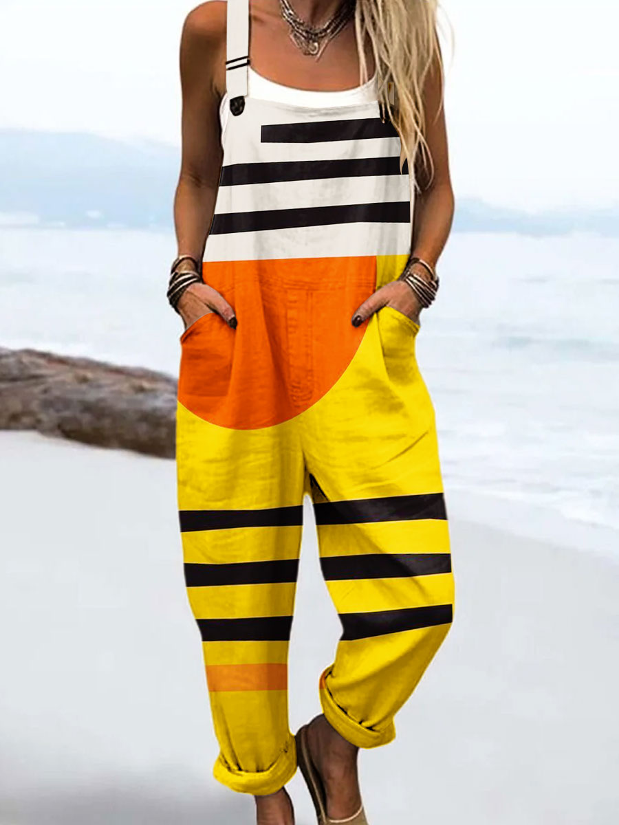 Women's Vintage Abstract Geometric Color Blocks Art Print Casual 100% Cotton Wide Leg Jumpsuit