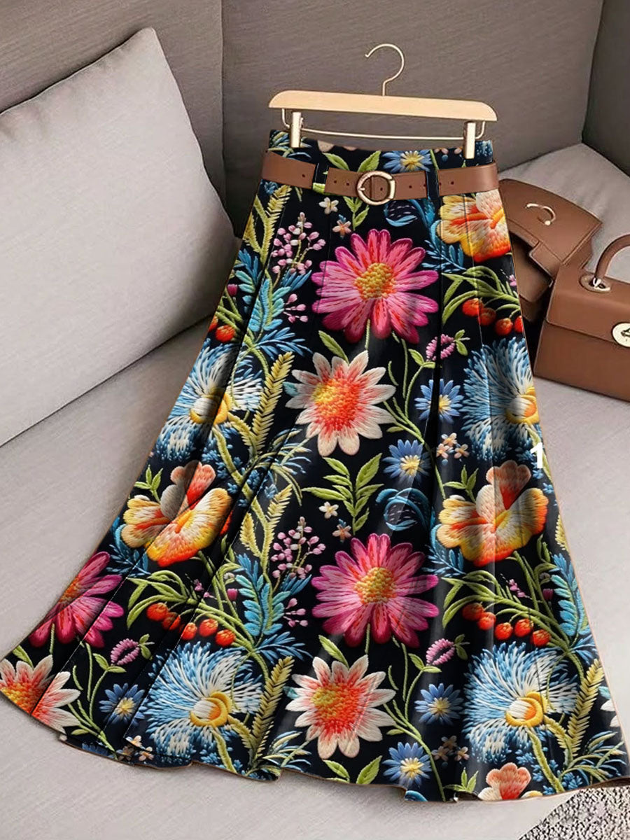 Women's Vintage Floral Art Print Casual Cotton Skirt
