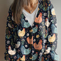 fall-vintage-chicken-flower-art-print-buttoned-v-neck-cardigan-sweater