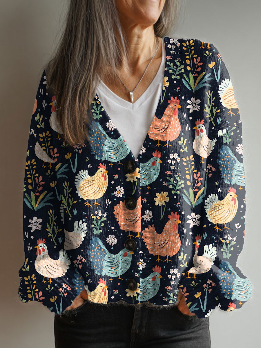 fall-vintage-chicken-flower-art-print-buttoned-v-neck-cardigan-sweater