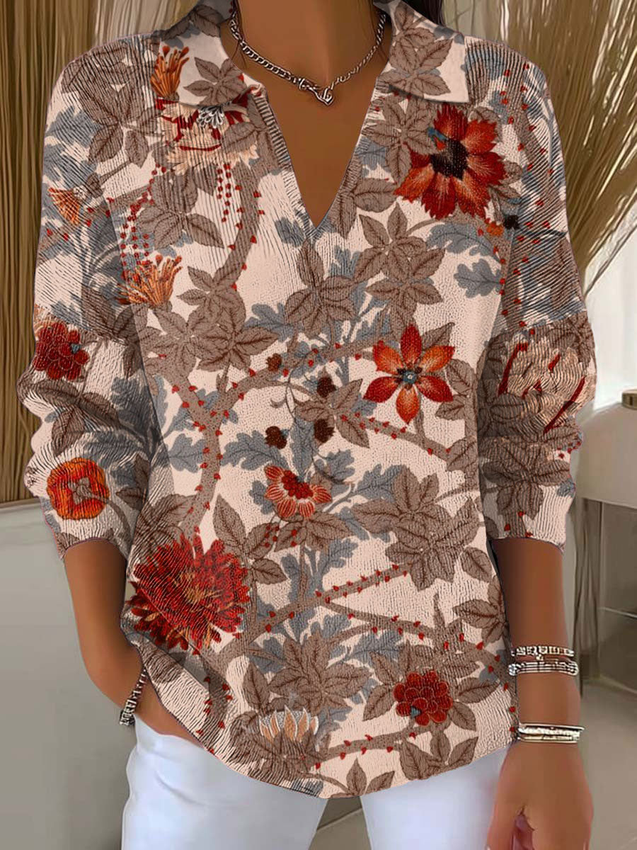 Women's Vintage Flower Art Printed Casual Hooded Button Sweater