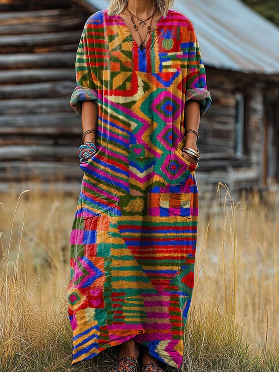 Women's Beautiful Abstract Colorful Geometric Graffiti Painting Art Print Pocket V-neck Cotton Dress