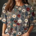 womens vintage floral art print casual crew neck short sleeve knitted sweater