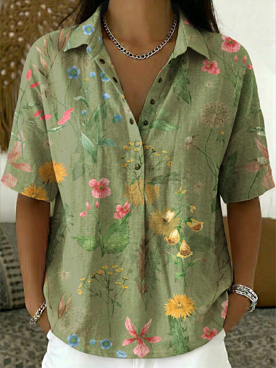 Women's Floral Print Casual Cotton-linen Shirt