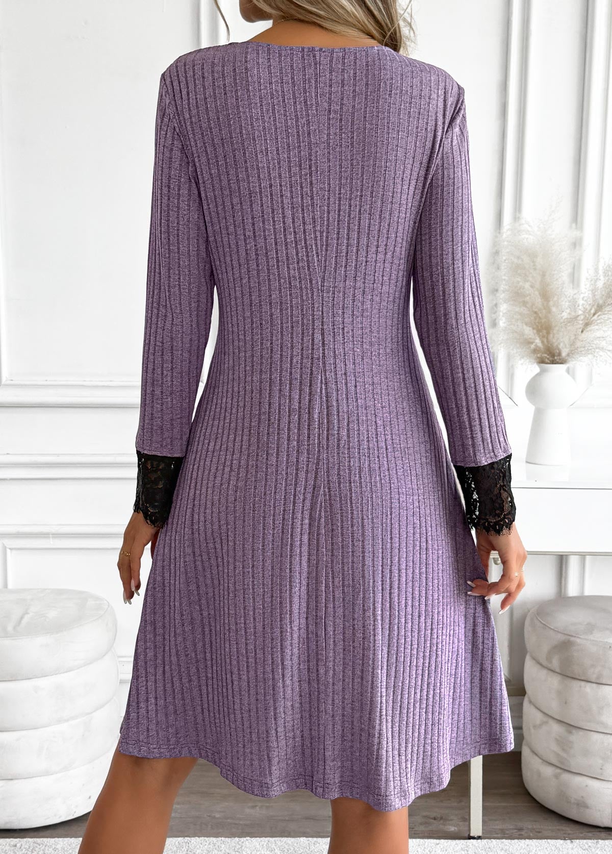 Dusty Purple Tummy Coverage Long Sleeve V Neck Dress