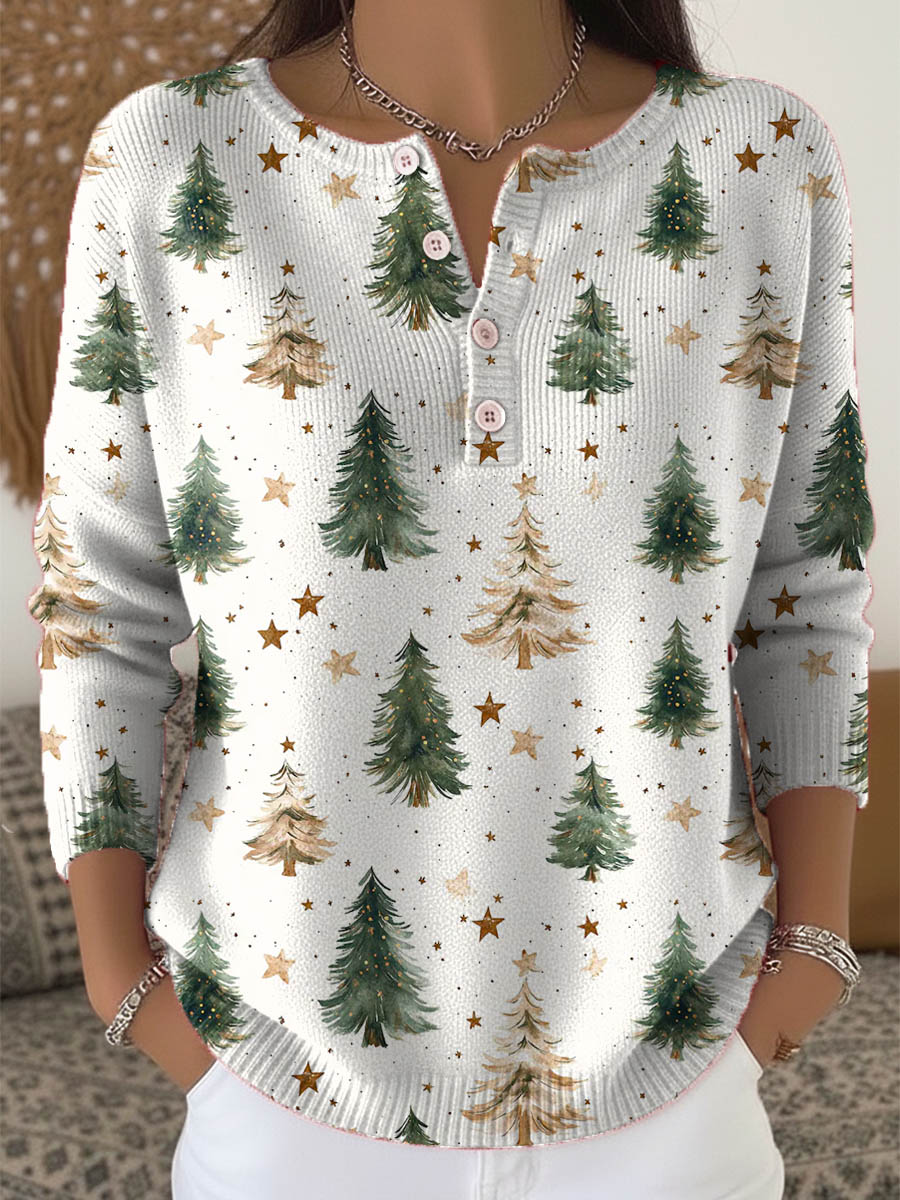 Women's Christmas Tree Art Print Buttoned Cardigan Sweater