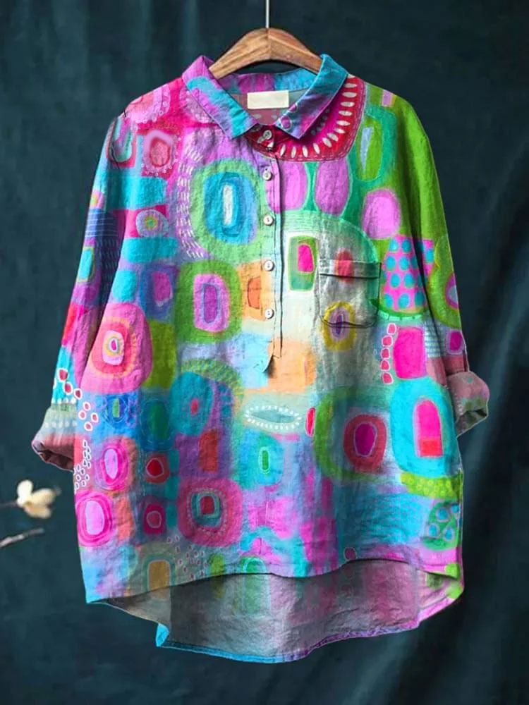 Vibrant Abstract Art Printed Women's Casual Cotton And Linen Shirt