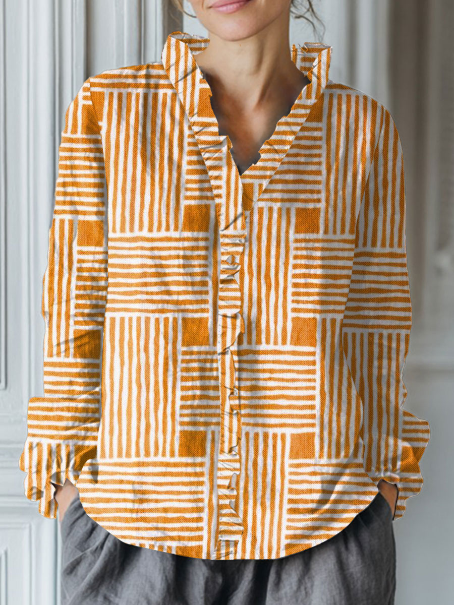 Women's Vintage Abstract Geometry Art Print Casual Cotton And Linen Ruffle Shirt