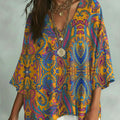 Women's Vintage Symmetrical Cashew Flowers Print V-neck Loose Shirt