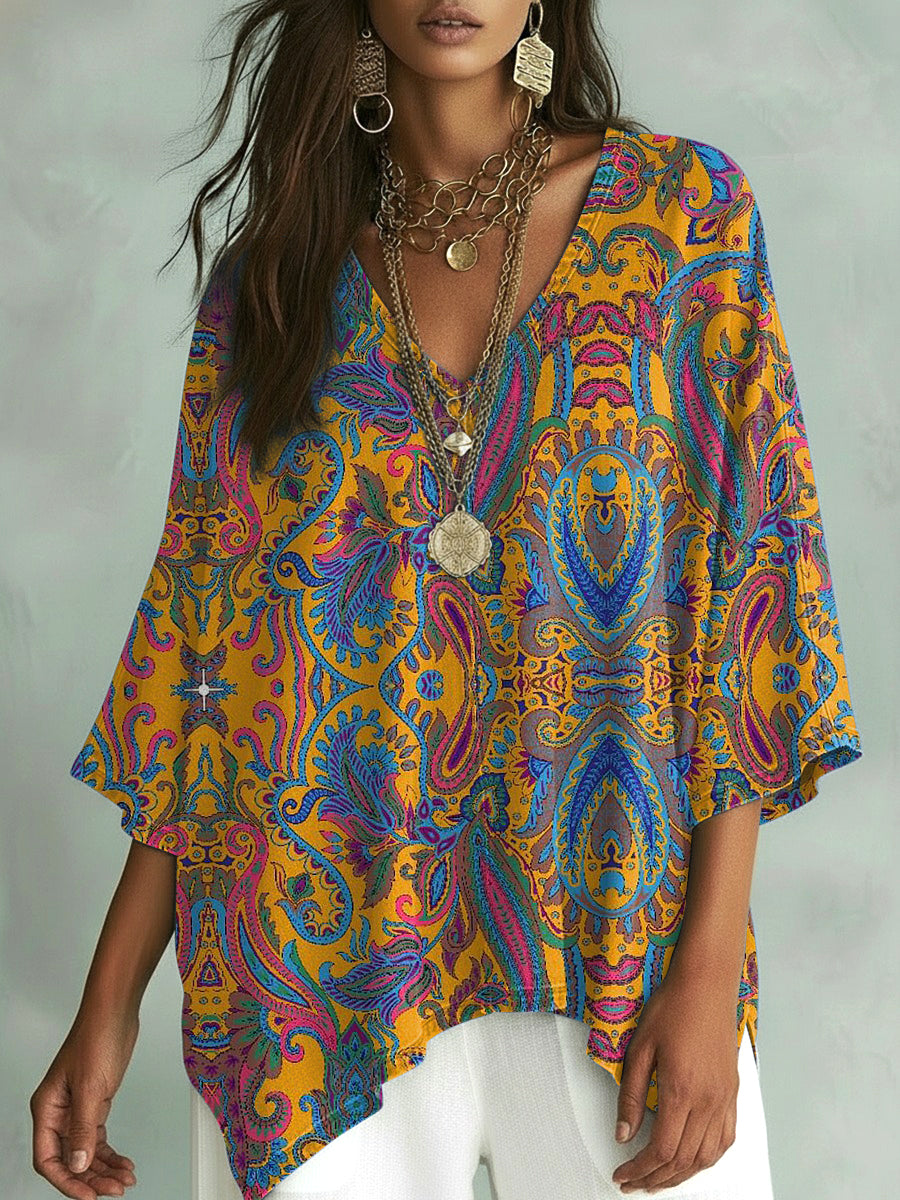 Women's Vintage Symmetrical Cashew Flowers Print V-neck Loose Shirt