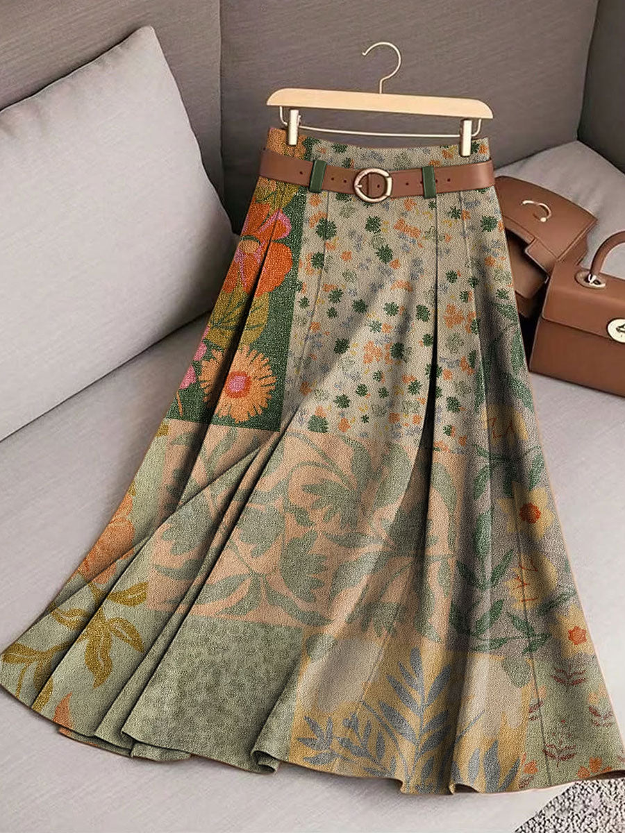 Women's Retro Splicing Flowers Pattern Casual Print Cotton Skirt
