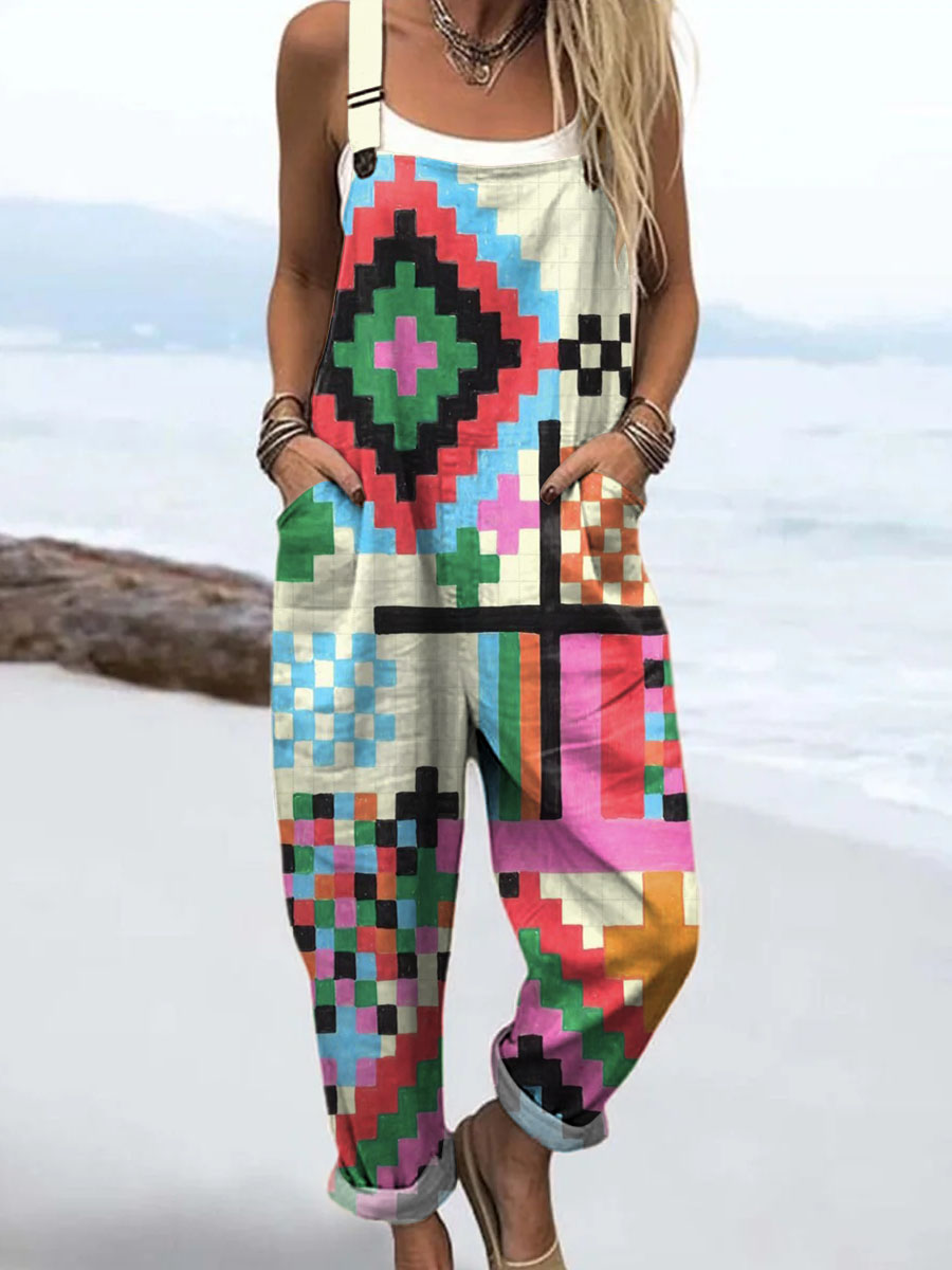 Women's Geometric Pattern Art Print Casual 100% Cotton Wide Leg Jumpsuit