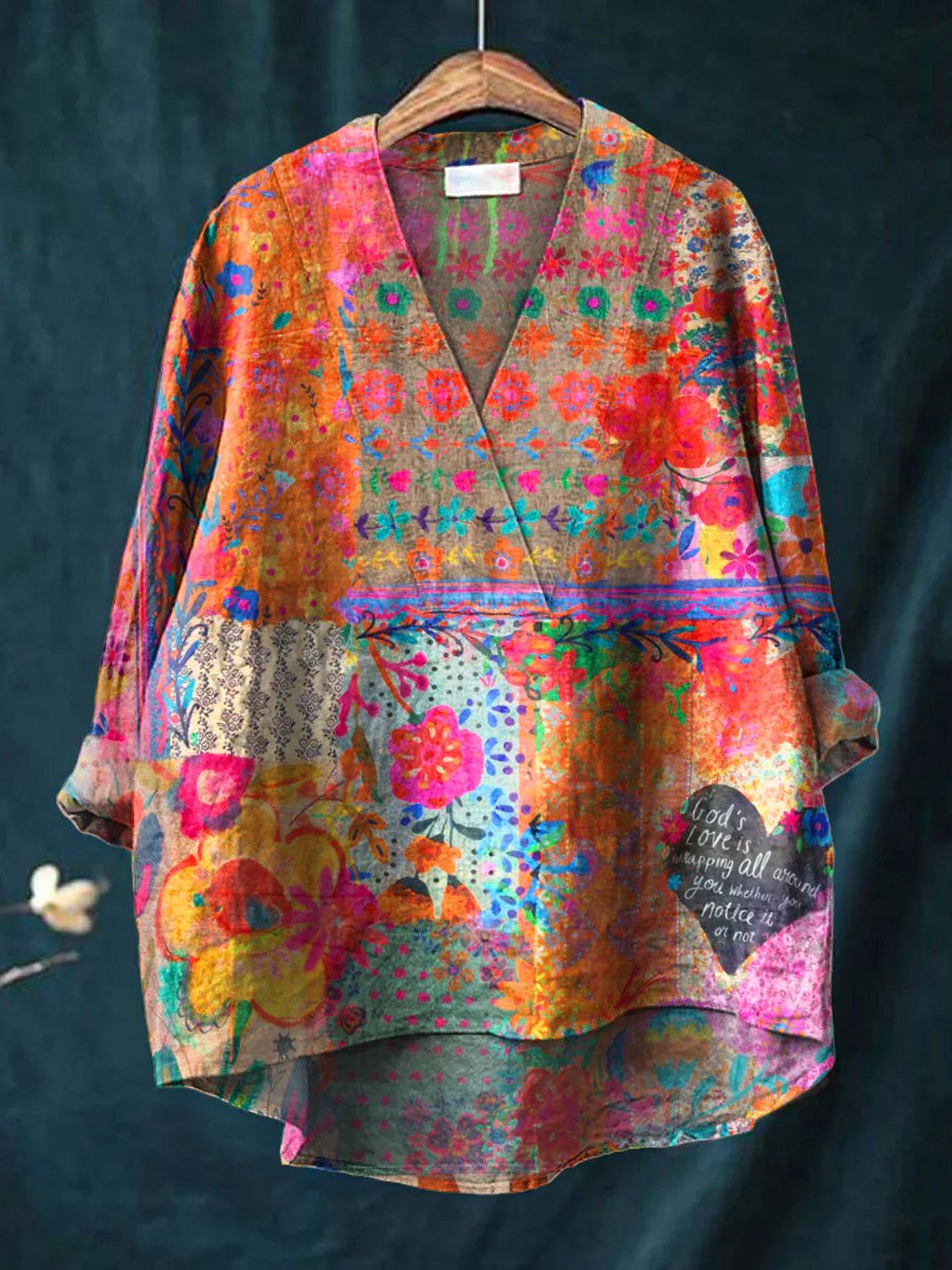 Floral Art Printed Women's Casual Cotton And Linen V-neck Shirt